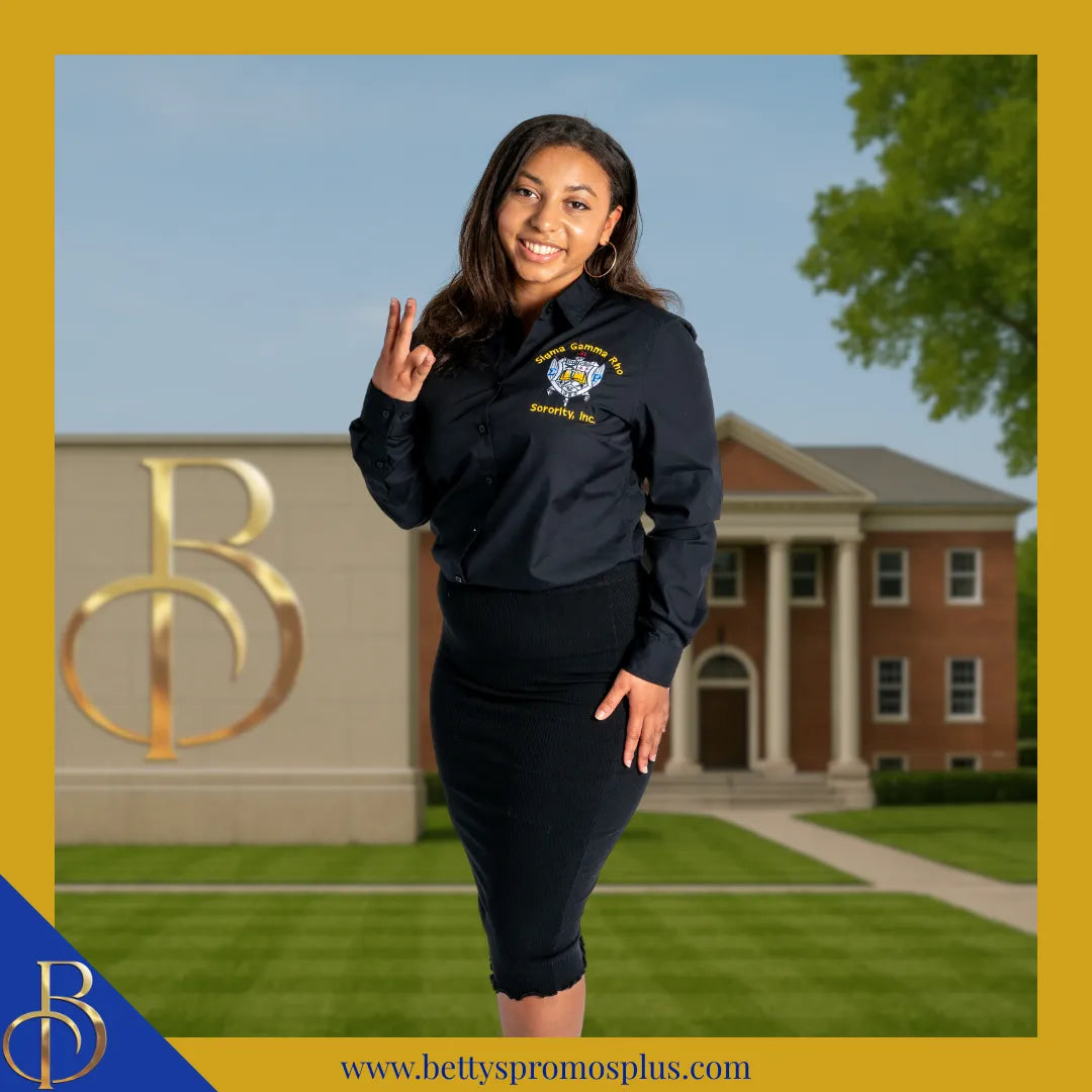 Sigma Gamma Rho ΣΓΡ Long Sleeve Button-Up Poplin Shirt with Embroidered Shield-Sigma Gamma Rho Paraphernalia-Sigma Gamma Rho Button-Up Shirts-Betty's Promos Plus