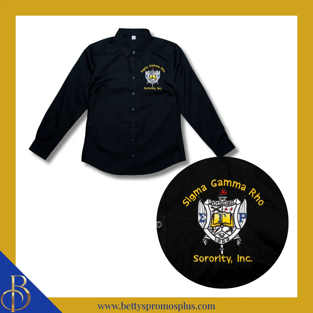 Sigma Gamma Rho ΣΓΡ Long Sleeve Button-Up Poplin Shirt with Embroidered Shield-Sigma Gamma Rho Paraphernalia-Sigma Gamma Rho Button-Up Shirts-Betty's Promos Plus