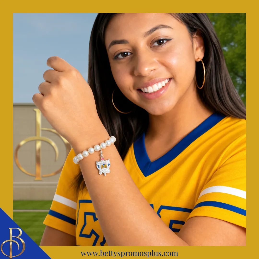 Sigma Gamma Rho ΣΓΡ Pearl and Shield Bracelet, ΣΓΡ Bracelet with ΣΓΡ Shield Charm-Sigma Gamma Rho Paraphernalia-Sigma Gamma Rho Bracelet-Betty's Promos Plus