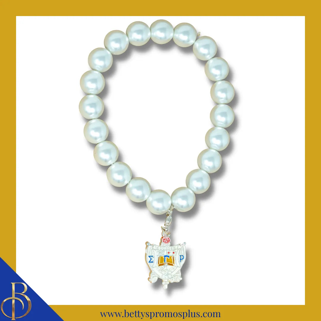 Sigma Gamma Rho ΣΓΡ Pearl and Shield Bracelet, ΣΓΡ Bracelet with ΣΓΡ Shield Charm-Sigma Gamma Rho Paraphernalia-Sigma Gamma Rho Bracelet-Betty's Promos Plus