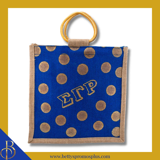 Sigma Gamma Rho ΣΓΡ Polka Dots Mini Jute Bag-Blue-Sigma Gamma Rho Paraphernalia-Sigma Gamma Rho Purses-Betty's Promos Plus