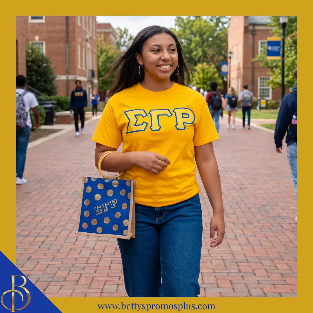 Sigma Gamma Rho ΣΓΡ Polka Dots Mini Jute Bag-Sigma Gamma Rho Paraphernalia-Sigma Gamma Rho Purses-Betty's Promos Plus