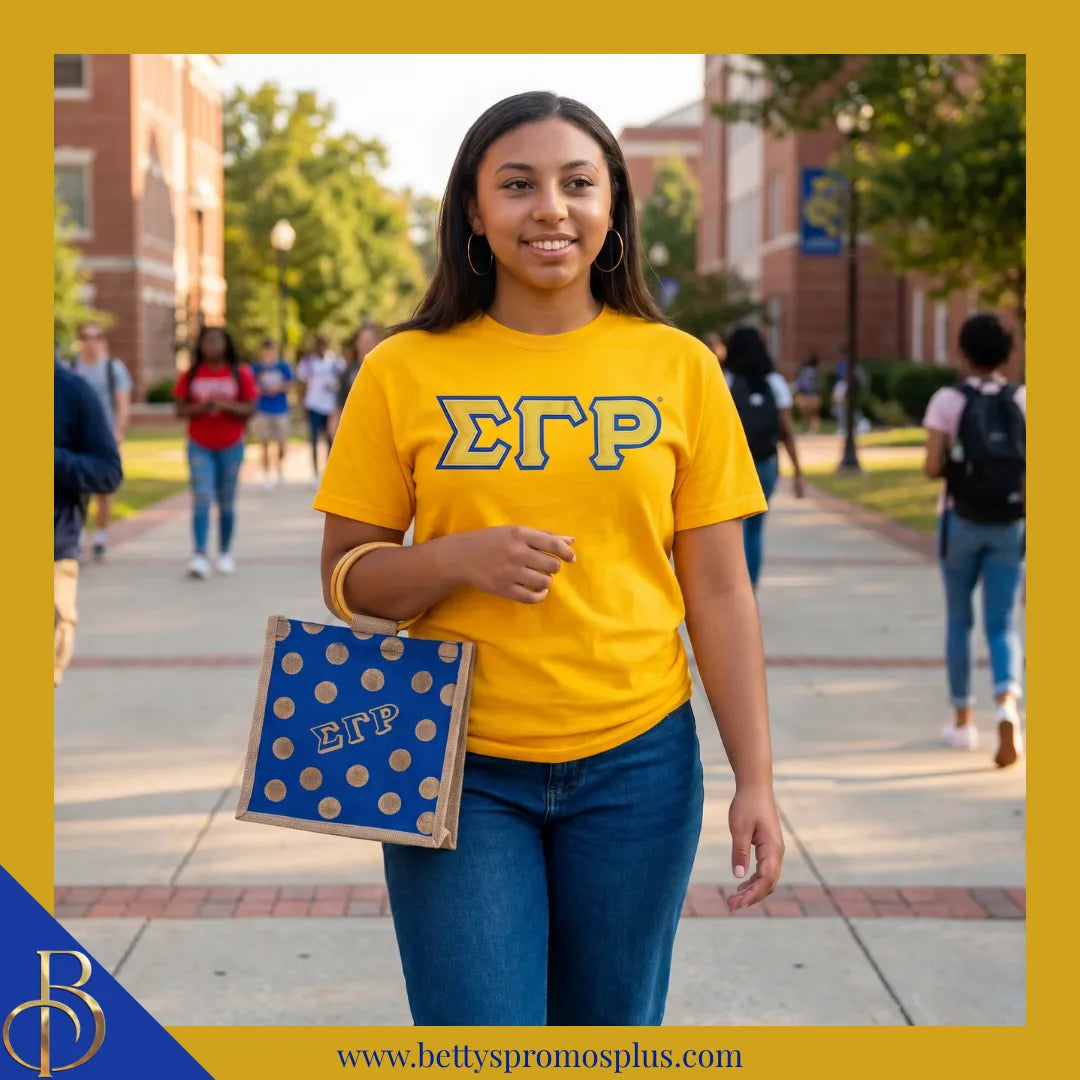 Sigma Gamma Rho ΣΓΡ Polka Dots Mini Jute Bag-Sigma Gamma Rho Paraphernalia-Sigma Gamma Rho Purses-Betty's Promos Plus