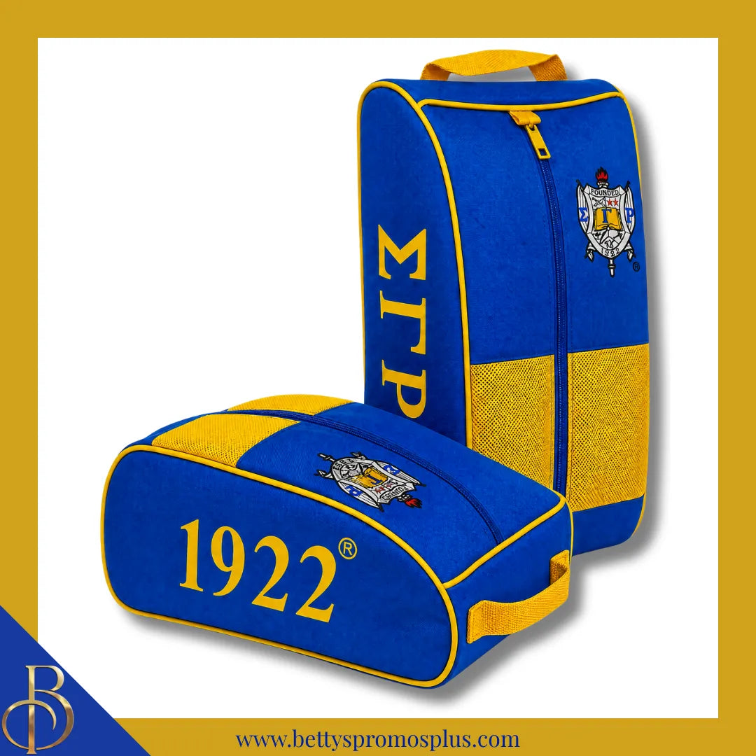 Sigma Gamma Rho ΣΓΡ Shield Blue & Gold Canvas Shoe Bag with Zippered Mesh-Blue-Sigma Gamma Rho Paraphernalia-Sigma Gamma Rho Shoe Bags-Betty's Promos Plus