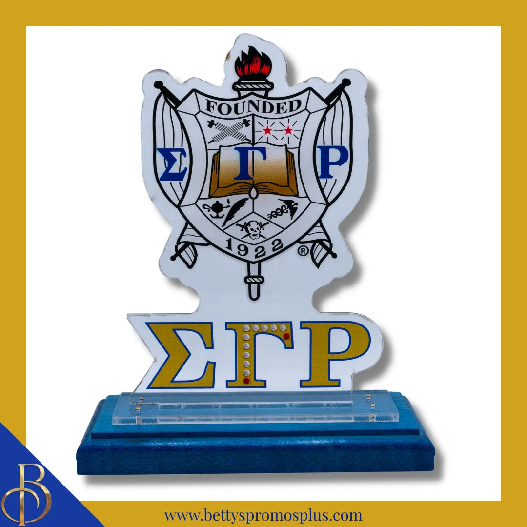 Sigma Gamma Rho ΣΓΡ Shield Desk Ornament Plaque-Blue Base-Sigma Gamma Rho Paraphernalia-Sigma Gamma Rho Desk Ornament-Betty's Promos Plus