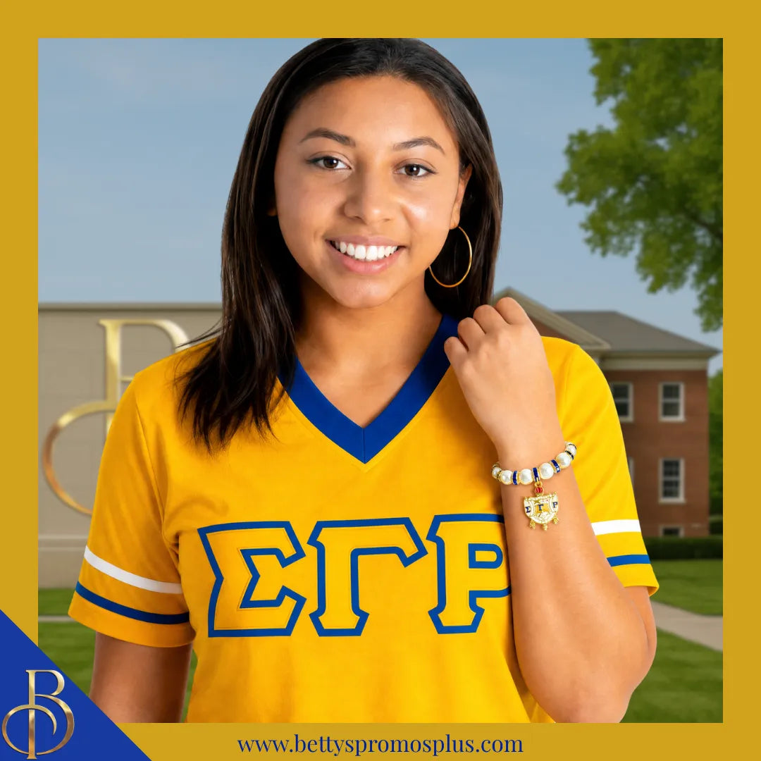 Sigma Gamma Rho ΣΓΡ Shield Pearl Bracelet with Rhinestone Spacers-Sigma Gamma Rho Paraphernalia-Sigma Gamma Rho Bracelet-Betty's Promos Plus