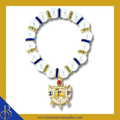Sigma Gamma Rho ΣΓΡ Shield Pearl Bracelet with Rhinestone Spacers-White-Sigma Gamma Rho Paraphernalia-Sigma Gamma Rho Bracelet-Betty's Promos Plus