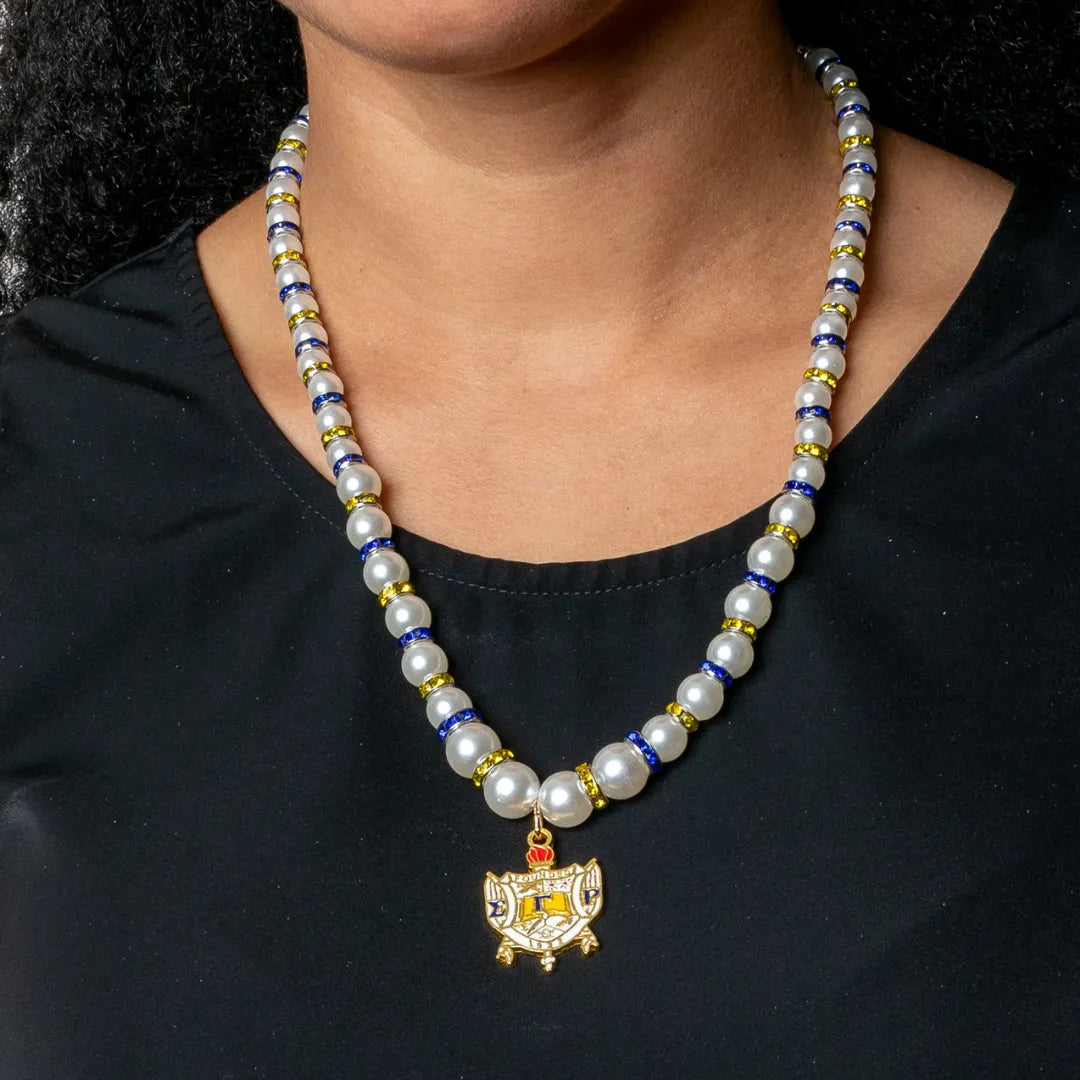 Sigma Gamma Rho ΣΓΡ Shield Pearl Necklace with Rhinestone Spacers-Sigma Gamma Rho Paraphernalia-Sigma Gamma Rho Necklace-Betty's Promos Plus