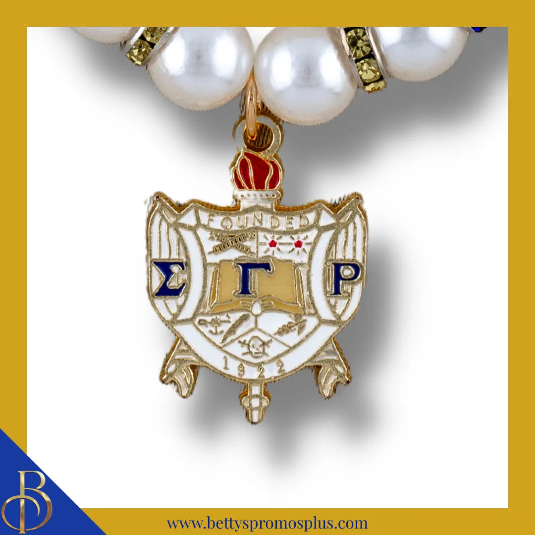 Sigma Gamma Rho ΣΓΡ Shield Pearl Necklace with Rhinestone Spacers-Sigma Gamma Rho Paraphernalia-Sigma Gamma Rho Necklace-Betty's Promos Plus