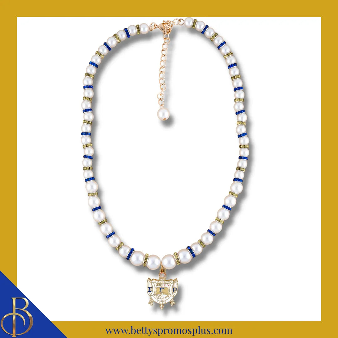 Sigma Gamma Rho ΣΓΡ Shield Pearl Necklace with Rhinestone Spacers-White-Sigma Gamma Rho Paraphernalia-Sigma Gamma Rho Necklace-Betty's Promos Plus