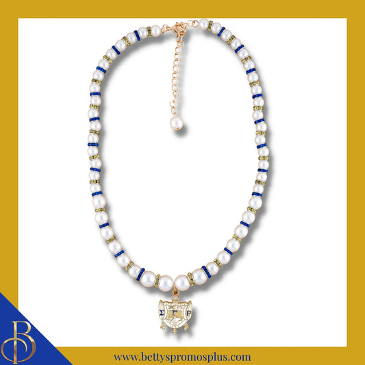 Sigma Gamma Rho ΣΓΡ Shield Pearl Necklace with Rhinestone Spacers-White-Sigma Gamma Rho Paraphernalia-Sigma Gamma Rho Necklace-Betty's Promos Plus