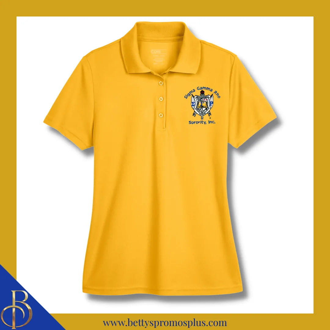 Sigma Gamma Rho ΣΓΡ Shield Polo Golf Shirt, Pique & Dry Fit Available-Pique-Gold-Small-Sigma Gamma Rho Paraphernalia-Sigma Gamma Rho Polo Shirt-Betty's Promos Plus