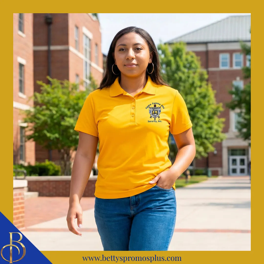 Sigma Gamma Rho ΣΓΡ Shield Polo Golf Shirt, Pique & Dry Fit Available-Sigma Gamma Rho Paraphernalia-Sigma Gamma Rho Polo Shirt-Betty's Promos Plus