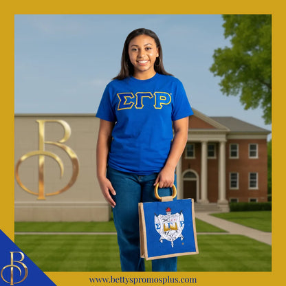Sigma Gamma Rho ΣΓΡ Shield Sorority Mini Jute Bag-Sigma Gamma Rho Paraphernalia-Sigma Gamma Rho Purses-Betty's Promos Plus