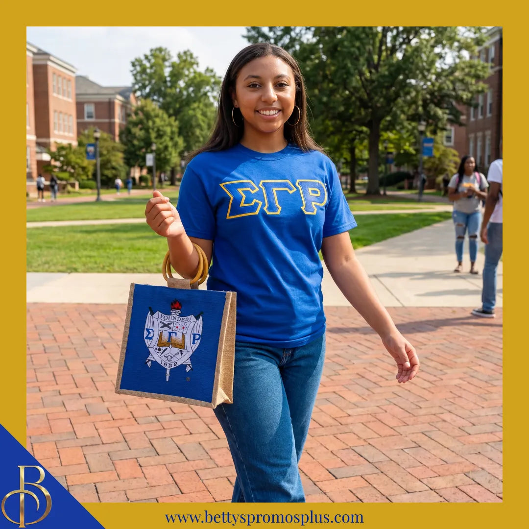 Sigma Gamma Rho ΣΓΡ Shield Sorority Mini Jute Bag-Sigma Gamma Rho Paraphernalia-Sigma Gamma Rho Purses-Betty's Promos Plus