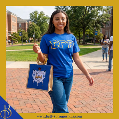 Sigma Gamma Rho ΣΓΡ Shield Sorority Mini Jute Bag-Sigma Gamma Rho Paraphernalia-Sigma Gamma Rho Purses-Betty's Promos Plus