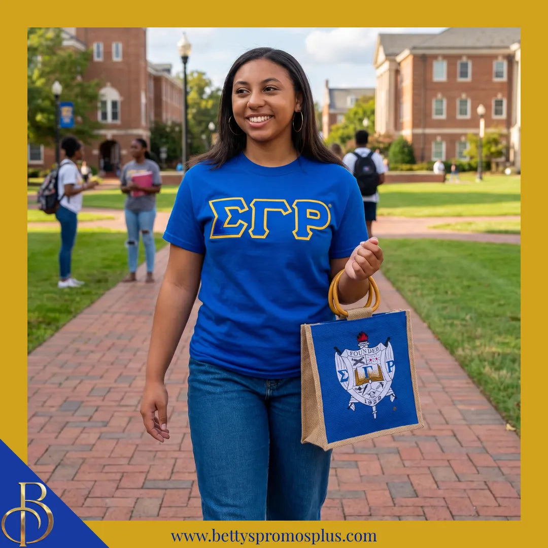 Sigma Gamma Rho ΣΓΡ Shield Sorority Mini Jute Bag-Sigma Gamma Rho Paraphernalia-Sigma Gamma Rho Purses-Betty's Promos Plus