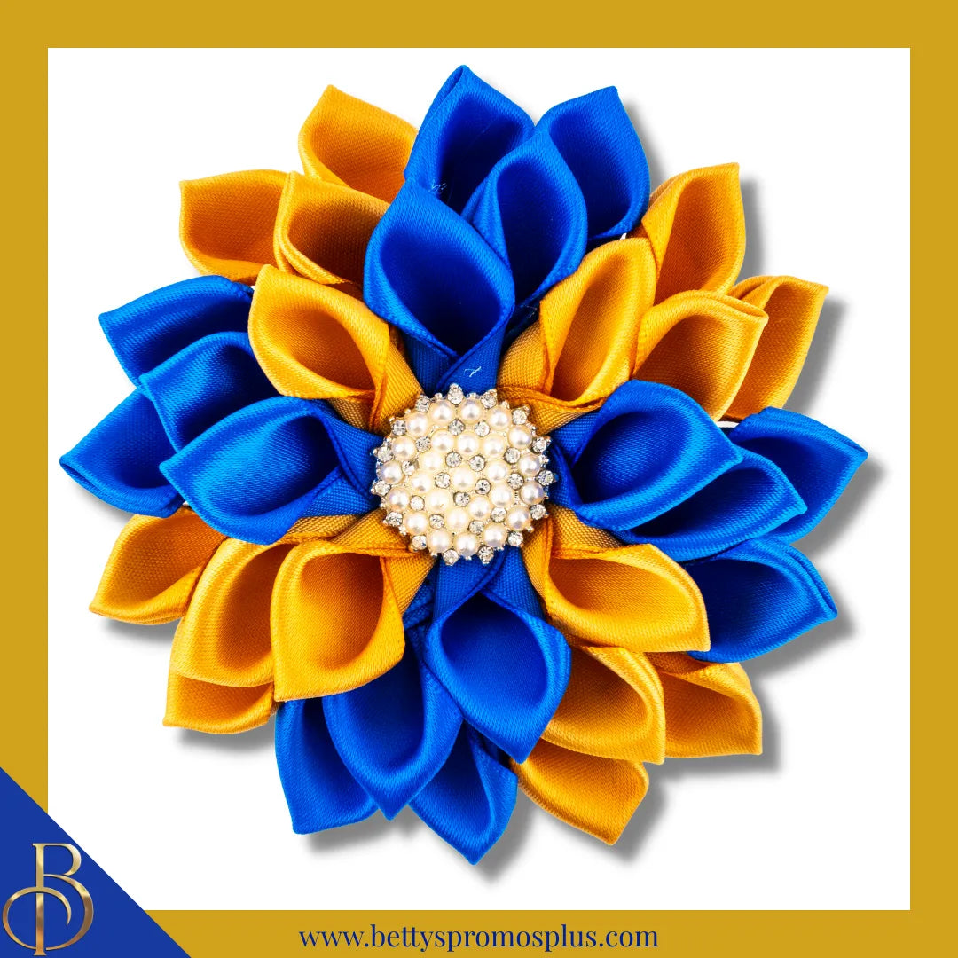 Sigma Gamma Rho ΣΓΡ Silk Flower Brooch-Blue with Old Gold-Small - 3.5
