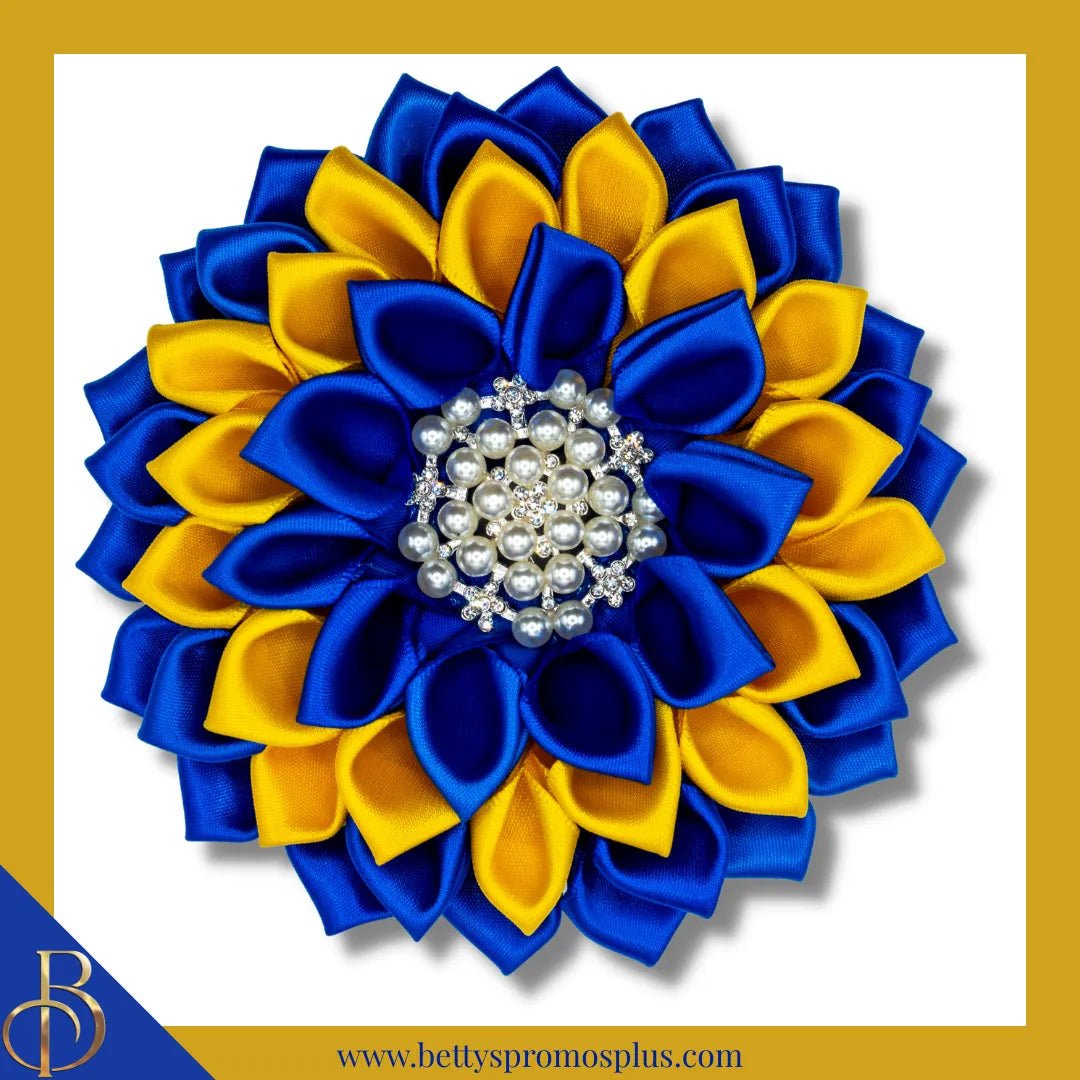 Sigma Gamma Rho ΣΓΡ Silk Flower Brooch-Blue with Yellow Gold-Medium - 4.5