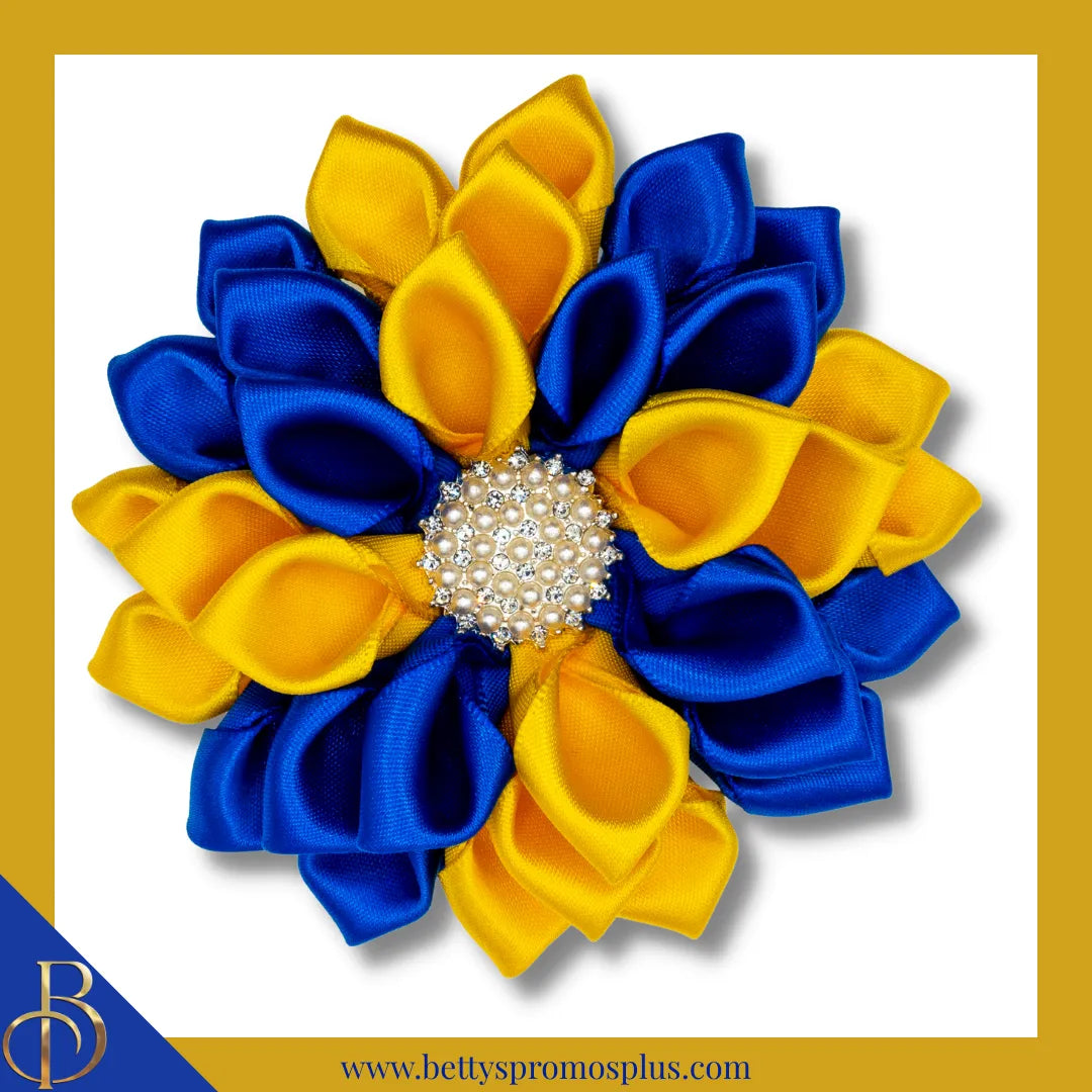 Sigma Gamma Rho ΣΓΡ Silk Flower Brooch-Blue with Yellow Gold-Small - 3.5