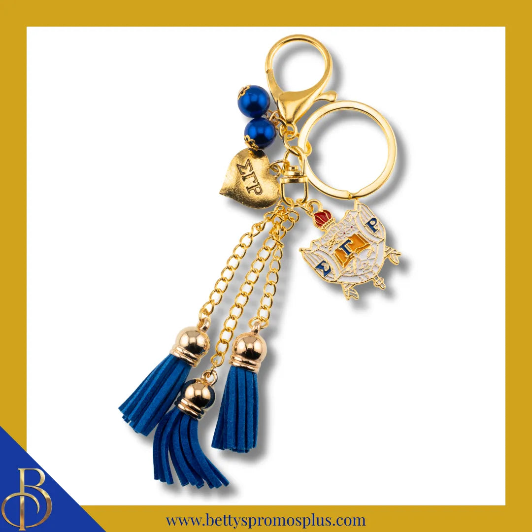 Sigma Gamma Rho ΣΓΡ Tassel Keychain with ΣΓΡ Crest Charm-Blue-Sigma Gamma Rho Paraphernalia-Sigma Gamma Rho Keychain-Betty's Promos Plus