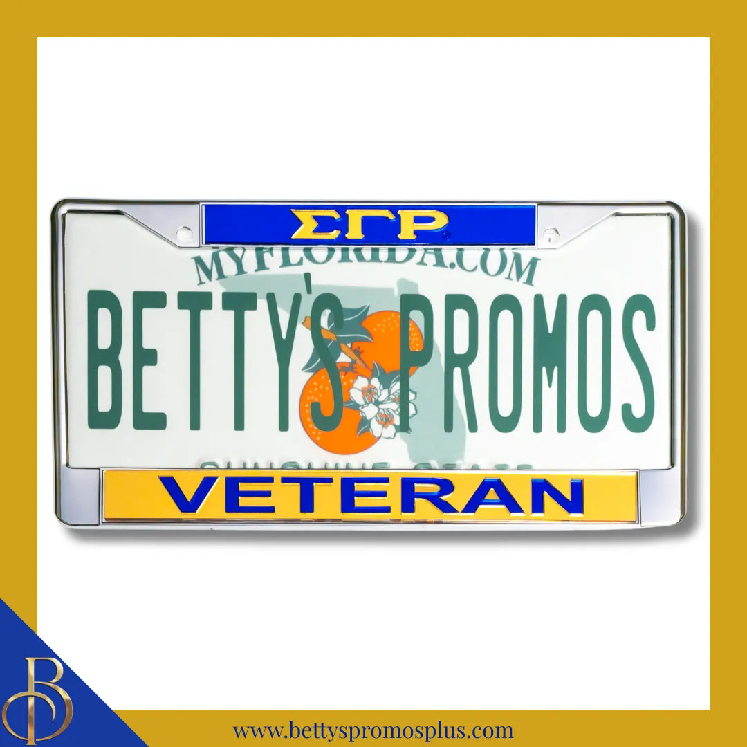 Sigma Gamma Rho ΣΓΡ Veteran Chrome Laser Engraved Mirrored Acrylic Auto Tag License Plate Frame-Blue Top-Gold Bottom-Sigma Gamma Rho Paraphernalia-Sigma Gamma Rho Auto Tag Frame-Betty's Promos Plus
