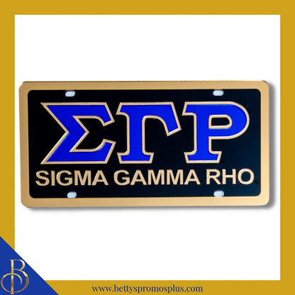 Sigma Gamma Rho ΣΓΡ with Sigma Gamma Rho Laser Engraved Mirrored Acrylic Auto Tag License Plate-Black Background-Gold Trim-Sigma Gamma Rho Paraphernalia-Sigma Gamma Rho Auto Tag-Betty's Promos Plus