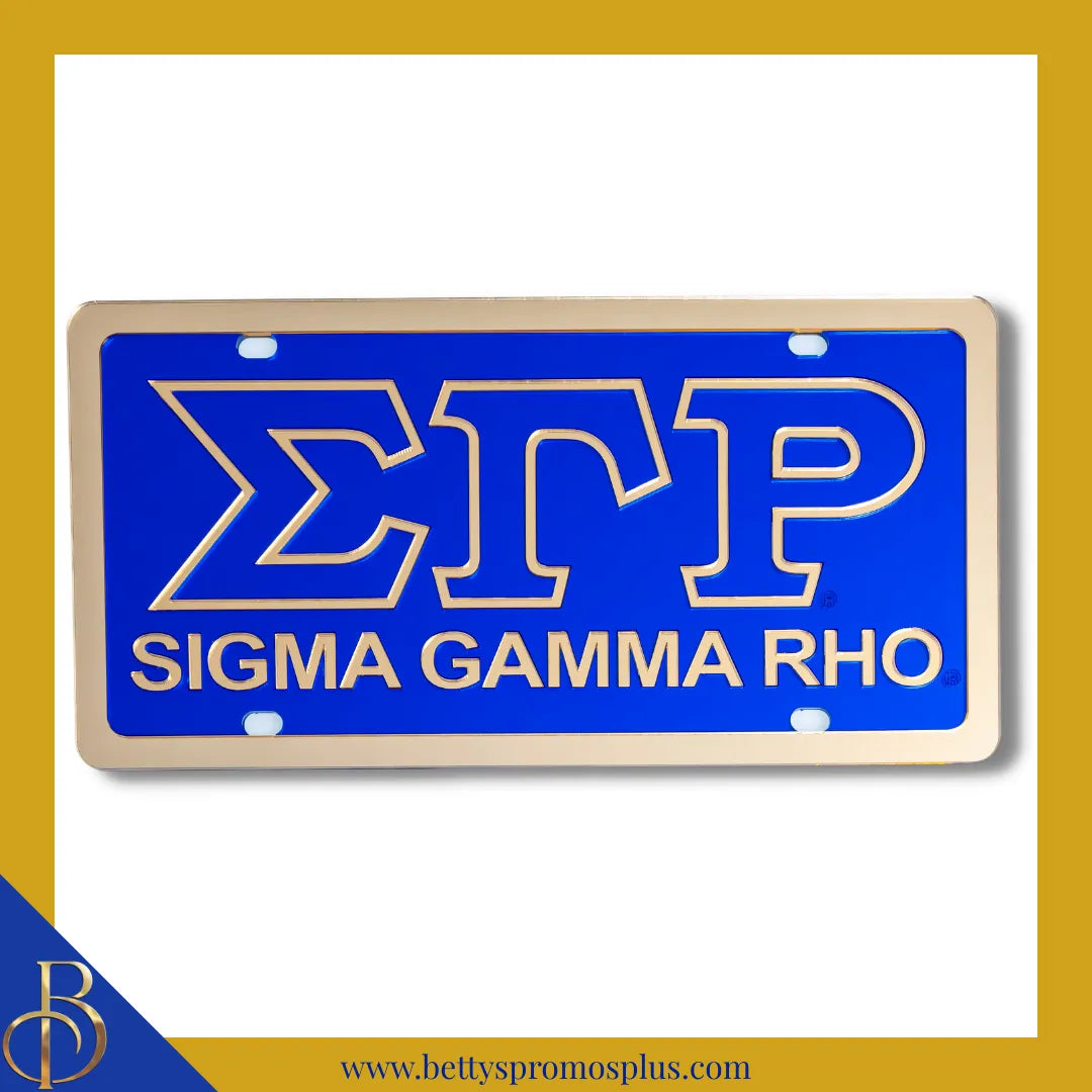 Sigma Gamma Rho ΣΓΡ with Sigma Gamma Rho Laser Engraved Mirrored Acrylic Auto Tag License Plate-Blue Background-Gold Trim-Sigma Gamma Rho Paraphernalia-Sigma Gamma Rho Auto Tag-Betty's Promos Plus