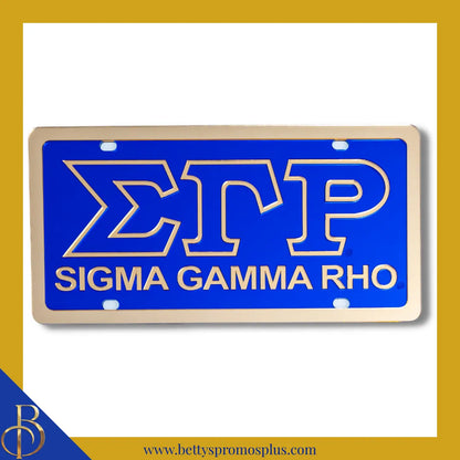 Sigma Gamma Rho ΣΓΡ with Sigma Gamma Rho Laser Engraved Mirrored Acrylic Auto Tag License Plate-Blue Background-Gold Trim-Sigma Gamma Rho Paraphernalia-Sigma Gamma Rho Auto Tag-Betty's Promos Plus