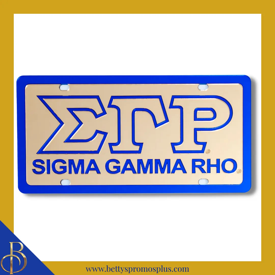 Sigma Gamma Rho ΣΓΡ with Sigma Gamma Rho Laser Engraved Mirrored Acrylic Auto Tag License Plate-Gold Background-Blue Trim-Sigma Gamma Rho Paraphernalia-Sigma Gamma Rho Auto Tag-Betty's Promos Plus