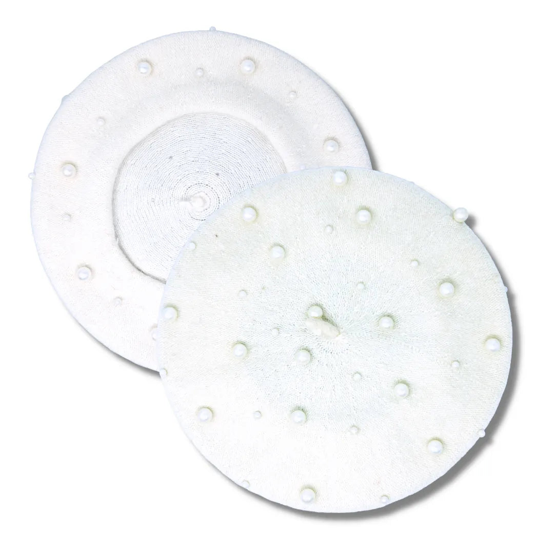 Wool French Style Beret with Pearls-White-Greek Paraphernalia-Greek Beret-Betty's Promos Plus