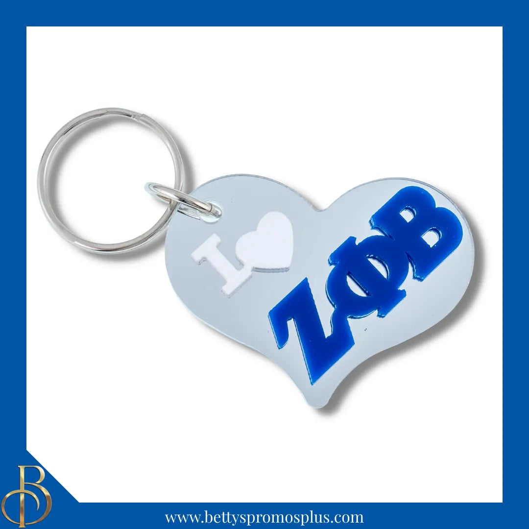 Zeta Phi Beta I Love ΖΦΒ Heart-Shaped Acrylic Mirror Keychain-Silver-Zeta Phi Beta Paraphernalia-Zeta Phi Beta Keychain-Betty's Promos Plus
