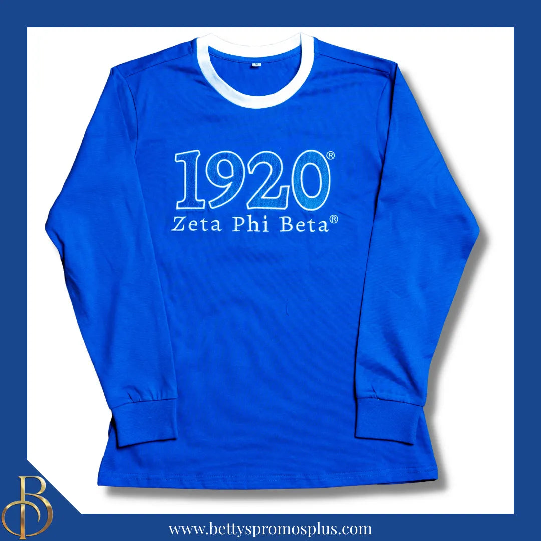Zeta Phi Beta ΖΦΒ 1920 Embroidered Long Sleeve T-Shirt-Blue-Small-Zeta Phi Beta Paraphernalia-Zeta Phi Beta T-Shirts-Betty's Promos Plus