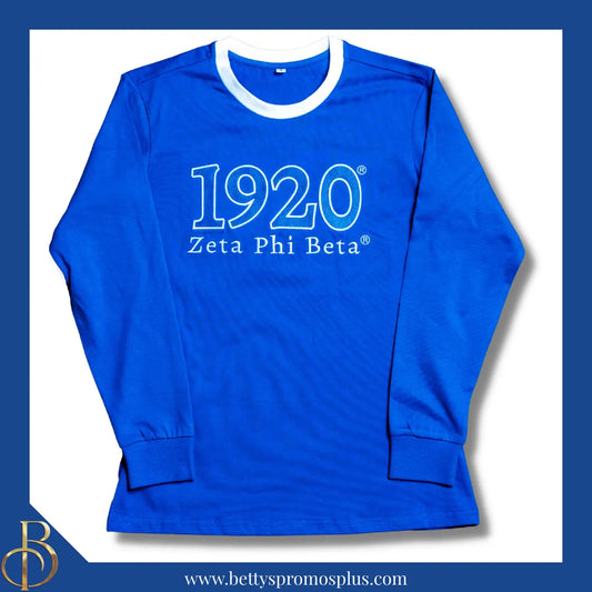 Zeta Phi Beta ΖΦΒ 1920 Embroidered Long Sleeve T-Shirt-Blue-Small-Zeta Phi Beta Paraphernalia-Zeta Phi Beta T-Shirts-Betty's Promos Plus