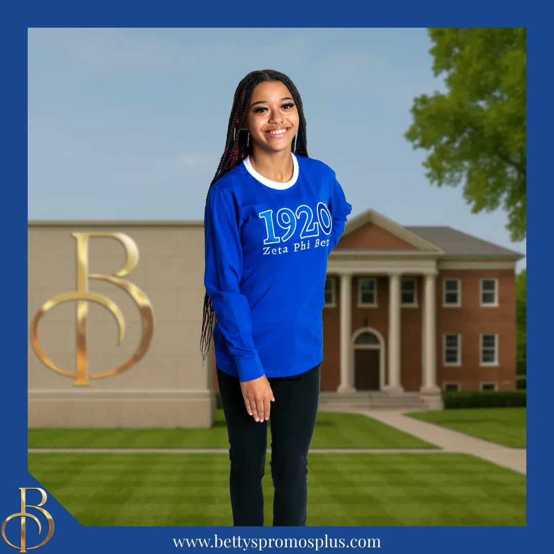 Zeta Phi Beta ΖΦΒ 1920 Embroidered Long Sleeve T-Shirt-Zeta Phi Beta Paraphernalia-Zeta Phi Beta T-Shirts-Betty's Promos Plus