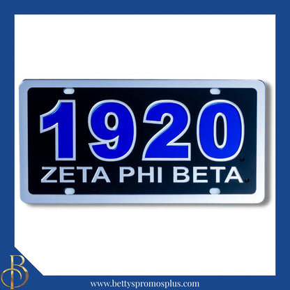 Zeta Phi Beta ΖΦΒ 1920 with Zeta Phi Beta Laser Engraved Mirrored Acrylic Auto Tag License Plate-Black Background-Silver Trim-Zeta Phi Beta Paraphernalia-Zeta Phi Beta Auto Tag-Betty's Promos Plus