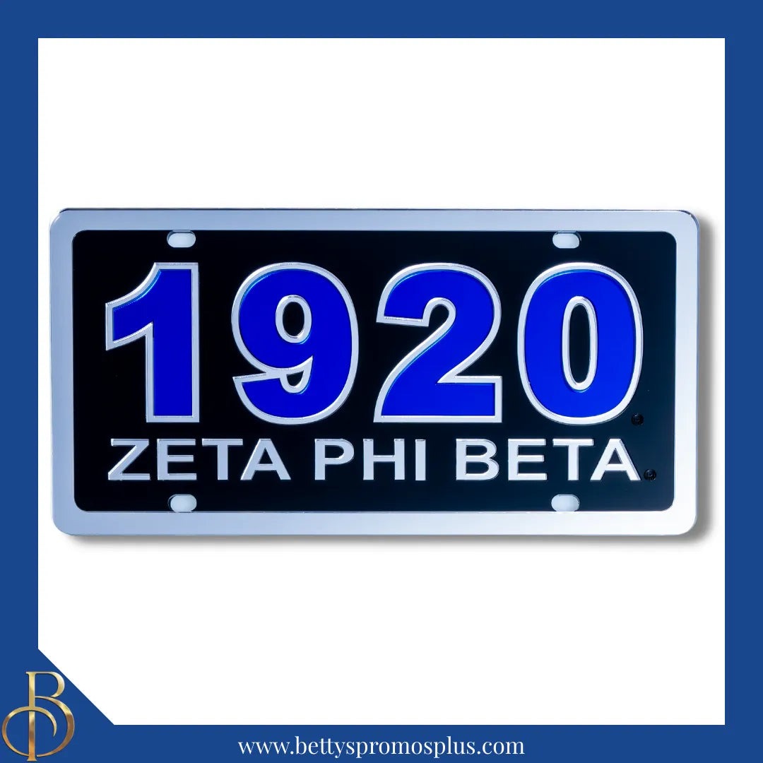 Zeta Phi Beta ΖΦΒ 1920 with Zeta Phi Beta Laser Engraved Mirrored Acrylic Auto Tag License Plate-Black Background-Silver Trim-Zeta Phi Beta Paraphernalia-Zeta Phi Beta Auto Tag-Betty's Promos Plus