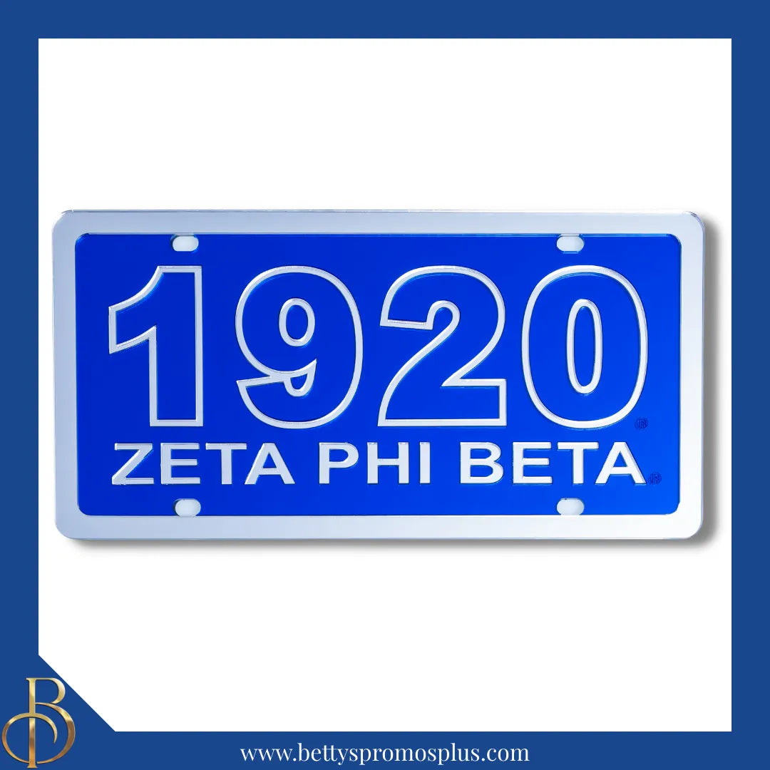 Zeta Phi Beta ΖΦΒ 1920 with Zeta Phi Beta Laser Engraved Mirrored Acrylic Auto Tag License Plate-Blue Background-Silver Trim-Zeta Phi Beta Paraphernalia-Zeta Phi Beta Auto Tag-Betty's Promos Plus