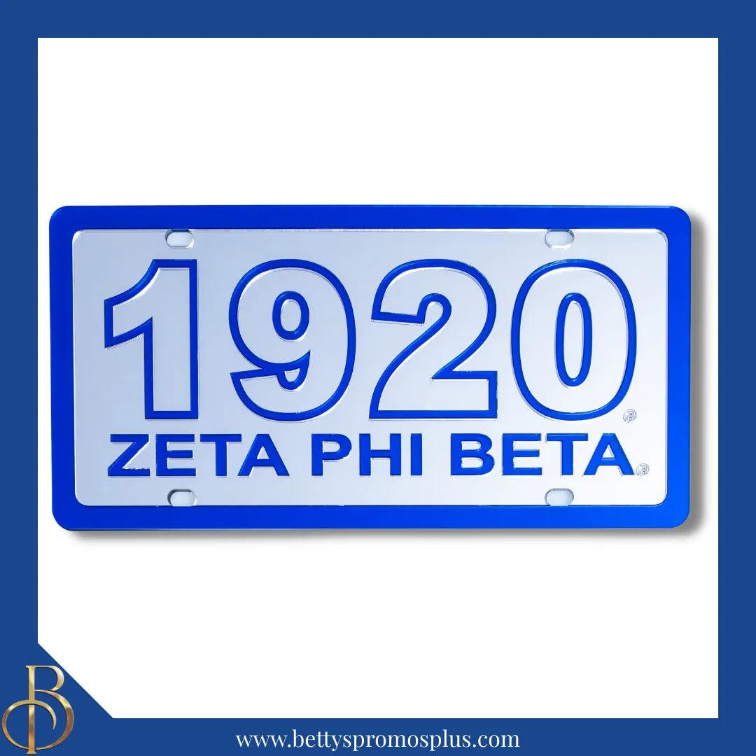 Zeta Phi Beta ΖΦΒ 1920 with Zeta Phi Beta Laser Engraved Mirrored Acrylic Auto Tag License Plate-Silver Background-Blue Trim-Zeta Phi Beta Paraphernalia-Zeta Phi Beta Auto Tag-Betty's Promos Plus