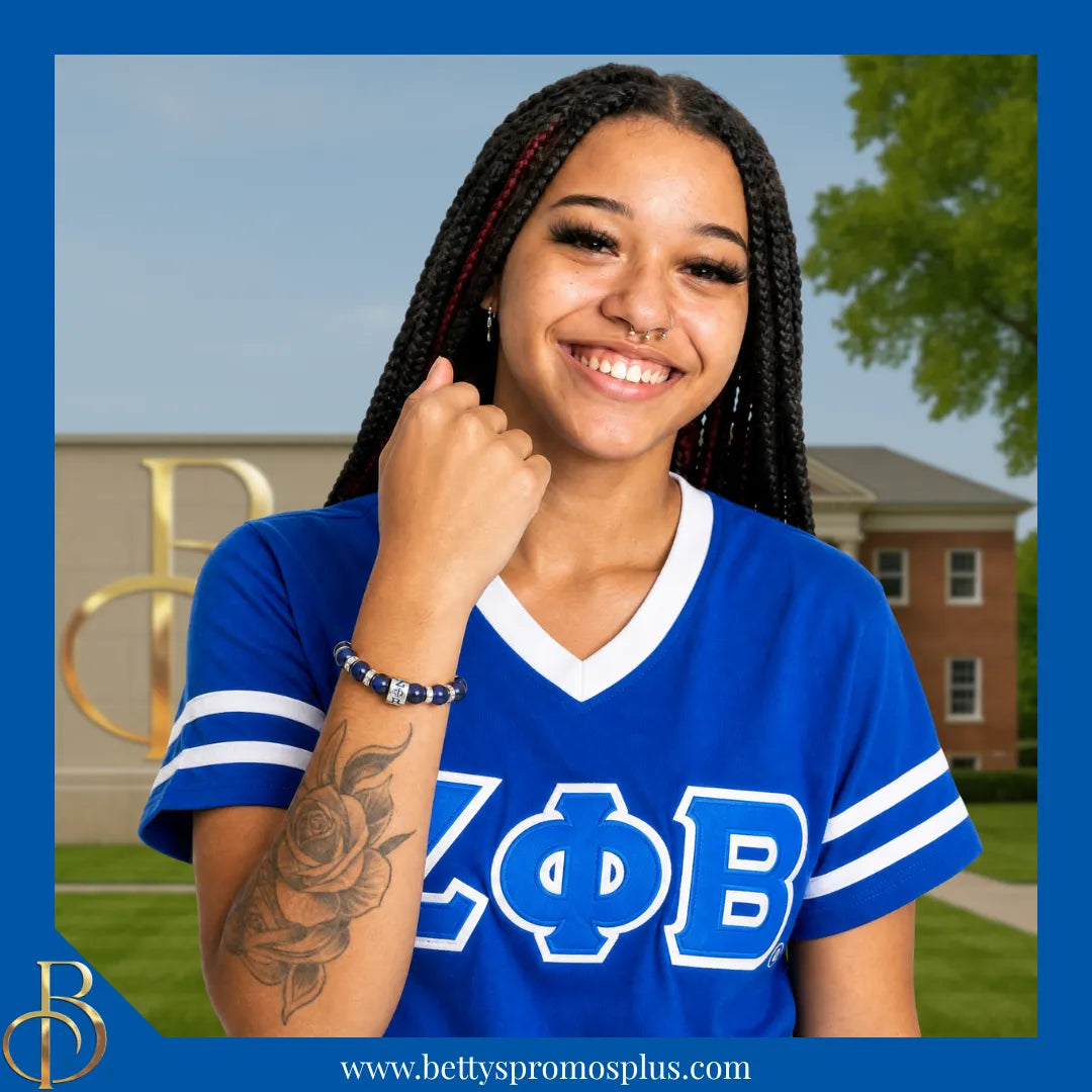 Zeta Phi Beta ΖΦΒ Blue Marbled Beaded Bracelet with Rhinestone Spacers-Zeta Phi Beta Paraphernalia-Zeta Phi Beta Bracelet-Betty's Promos Plus