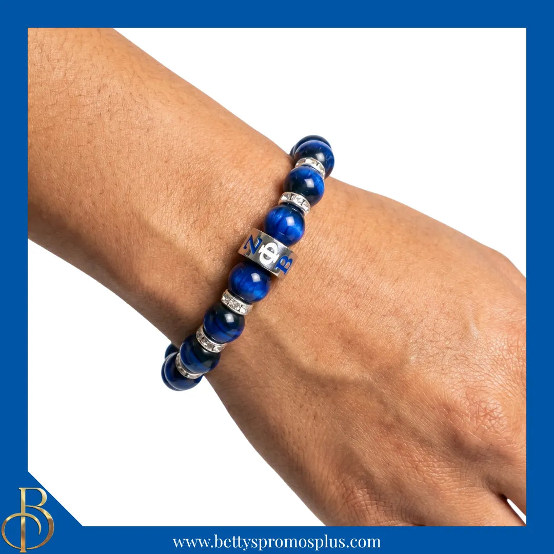 Zeta Phi Beta ΖΦΒ Blue Marbled Beaded Bracelet with Rhinestone Spacers-Zeta Phi Beta Paraphernalia-Zeta Phi Beta Bracelet-Betty's Promos Plus