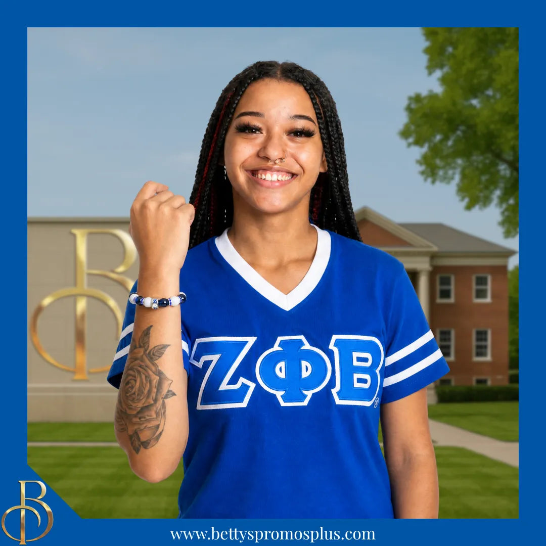 Zeta Phi Beta ΖΦΒ Blue & White Marbled Beaded Bracelet with Rhinestone Spacers-Zeta Phi Beta Paraphernalia-Zeta Phi Beta Bracelet-Betty's Promos Plus