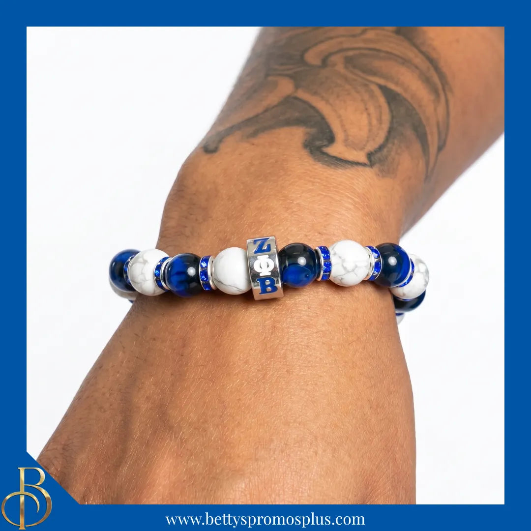 Zeta Phi Beta ΖΦΒ Blue & White Marbled Beaded Bracelet with Rhinestone Spacers-Zeta Phi Beta Paraphernalia-Zeta Phi Beta Bracelet-Betty's Promos Plus