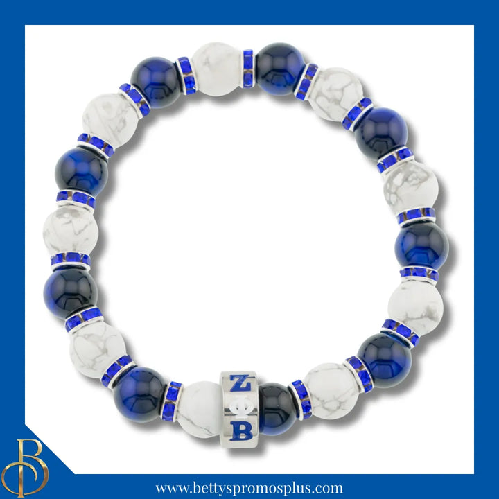Zeta Phi Beta ΖΦΒ Blue & White Marbled Beaded Bracelet with Rhinestone Spacers