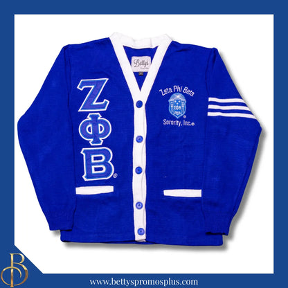 Zeta Phi Beta ΖΦΒ Cardigan Sweater with Double Stitched Twill Embroidered Letters & ΖΦΒ Shield-Blue-White Trim-Small-Zeta Phi Beta Paraphernalia-Zeta Phi Beta Sweaters-Betty's Promos Plus