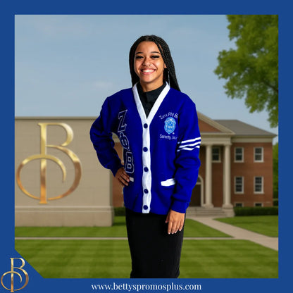 Zeta Phi Beta ΖΦΒ Cardigan Sweater with Double Stitched Twill Embroidered Letters & ΖΦΒ Shield-Zeta Phi Beta Paraphernalia-Zeta Phi Beta Sweaters-Betty's Promos Plus