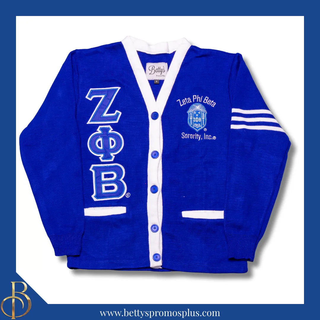 Zeta Phi Beta ΖΦΒ Cardigan Sweater with Double Stitched Twill Embroidered Letters & ΖΦΒ Shield-Zeta Phi Beta Paraphernalia-Zeta Phi Beta Sweaters-Betty's Promos Plus