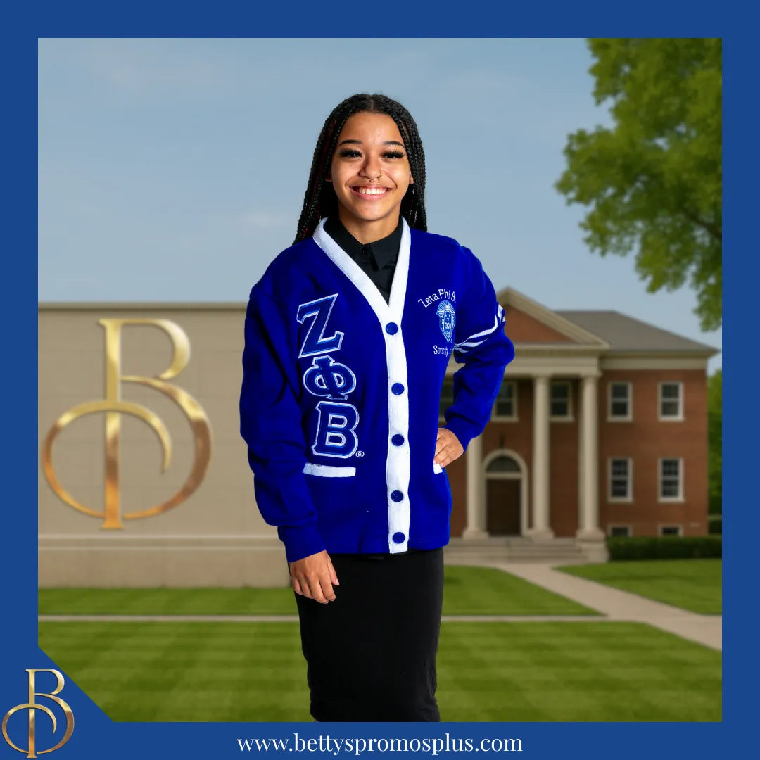 Zeta Phi Beta ΖΦΒ Cardigan Sweater with Double Stitched Twill Embroidered Letters & ΖΦΒ Shield-Zeta Phi Beta Paraphernalia-Zeta Phi Beta Sweaters-Betty's Promos Plus