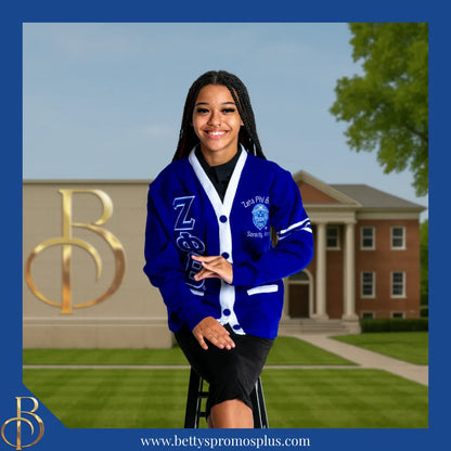 Zeta Phi Beta ΖΦΒ Cardigan Sweater with Double Stitched Twill Embroidered Letters & ΖΦΒ Shield-Zeta Phi Beta Paraphernalia-Zeta Phi Beta Sweaters-Betty's Promos Plus