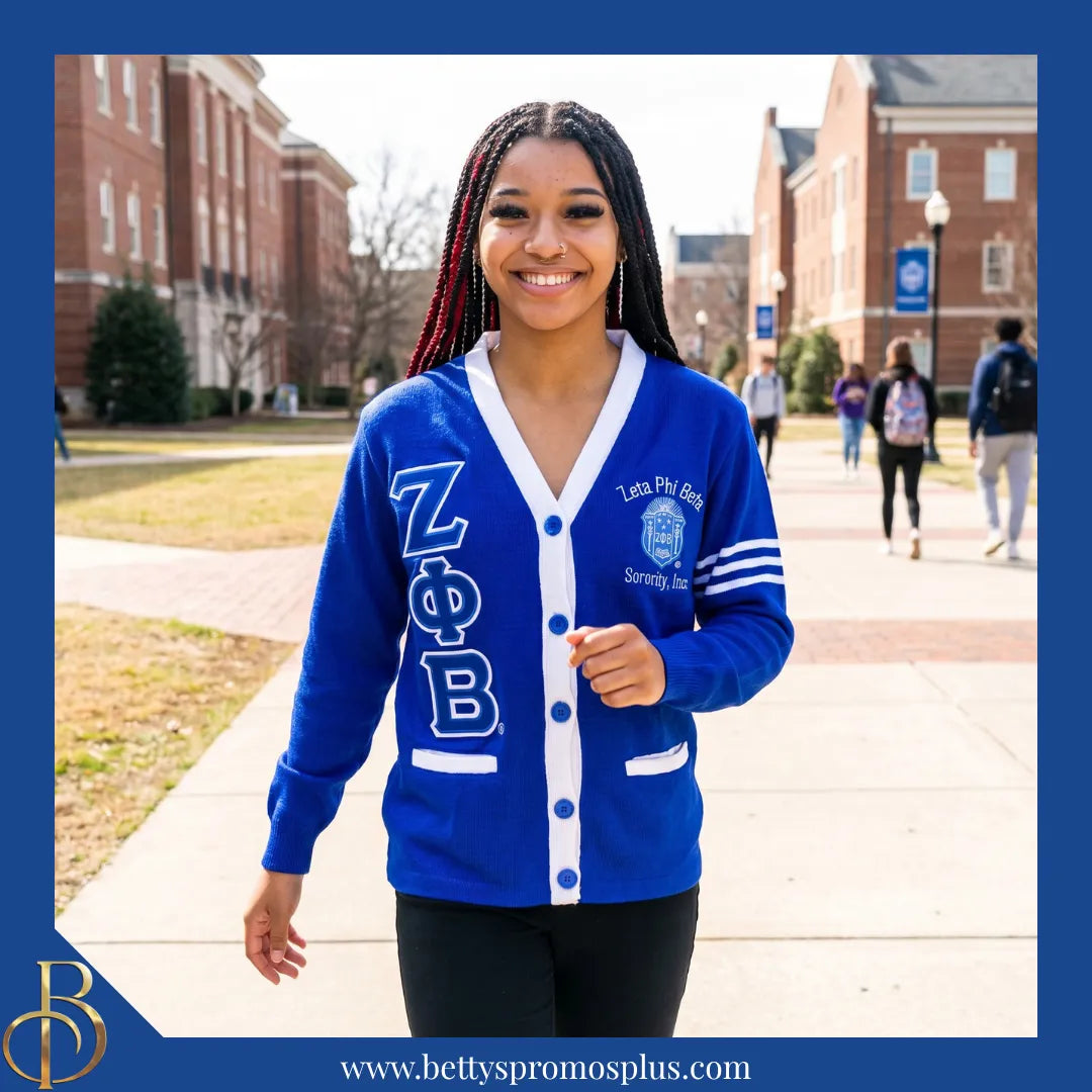 Zeta Phi Beta ΖΦΒ Cardigan Sweater with Double Stitched Twill Embroidered Letters & ΖΦΒ Shield-Zeta Phi Beta Paraphernalia-Zeta Phi Beta Sweaters-Betty's Promos Plus
